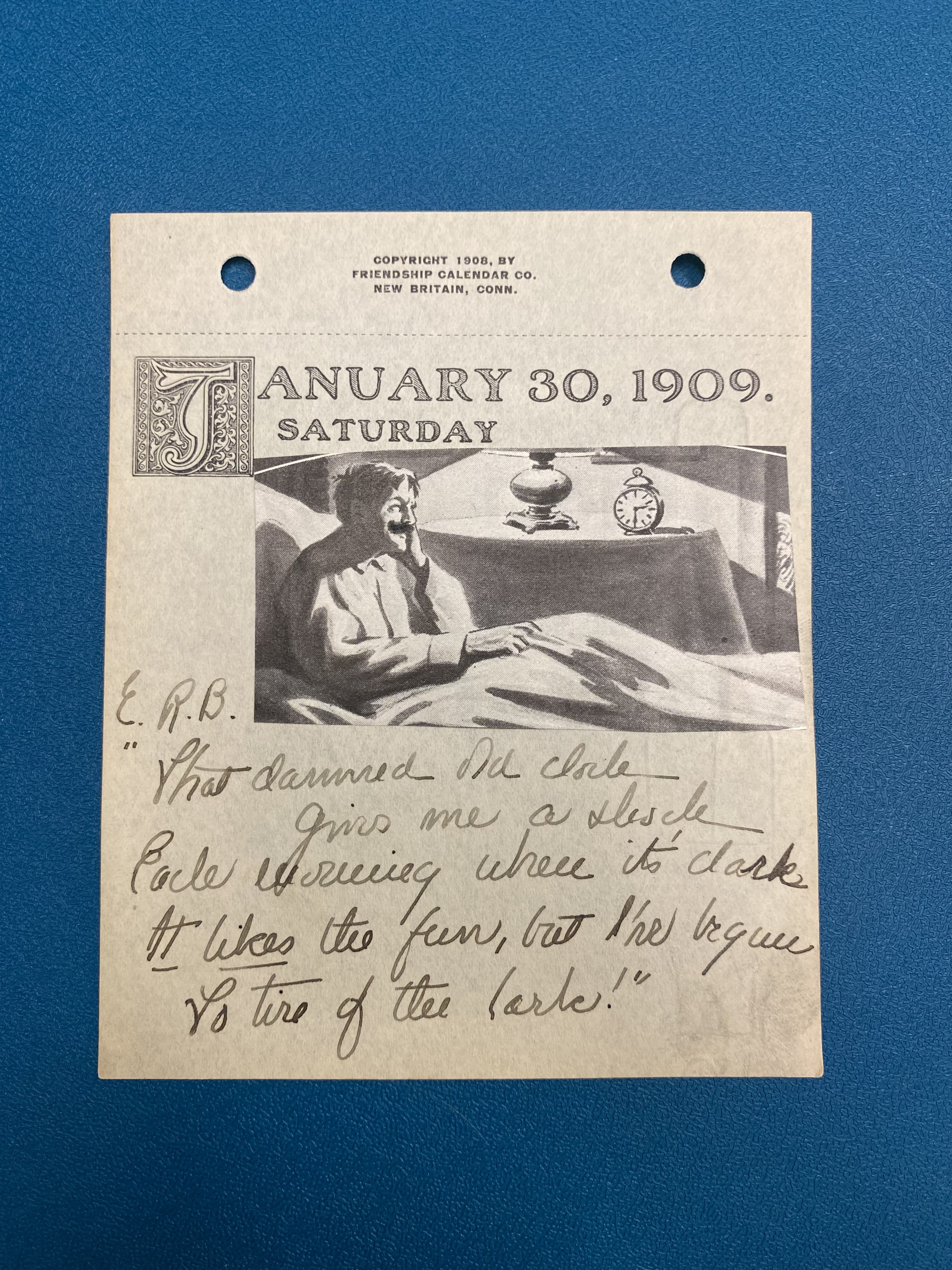  January 30, 1909. Saturday: A man with a mustache lying in bed.