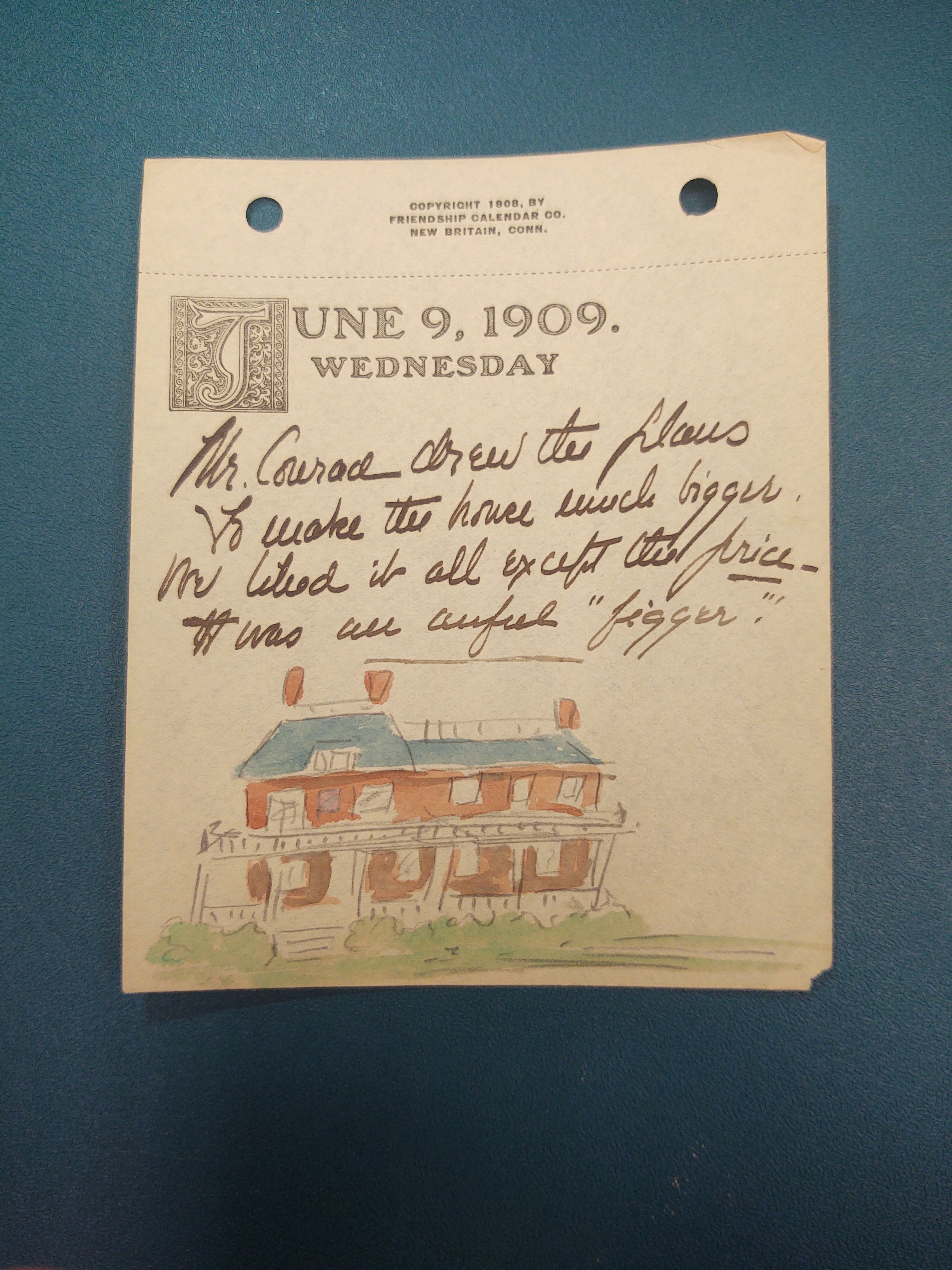 June 09, 1909. Wednesday: Drawing of a large red house made with pencil and watercolor.