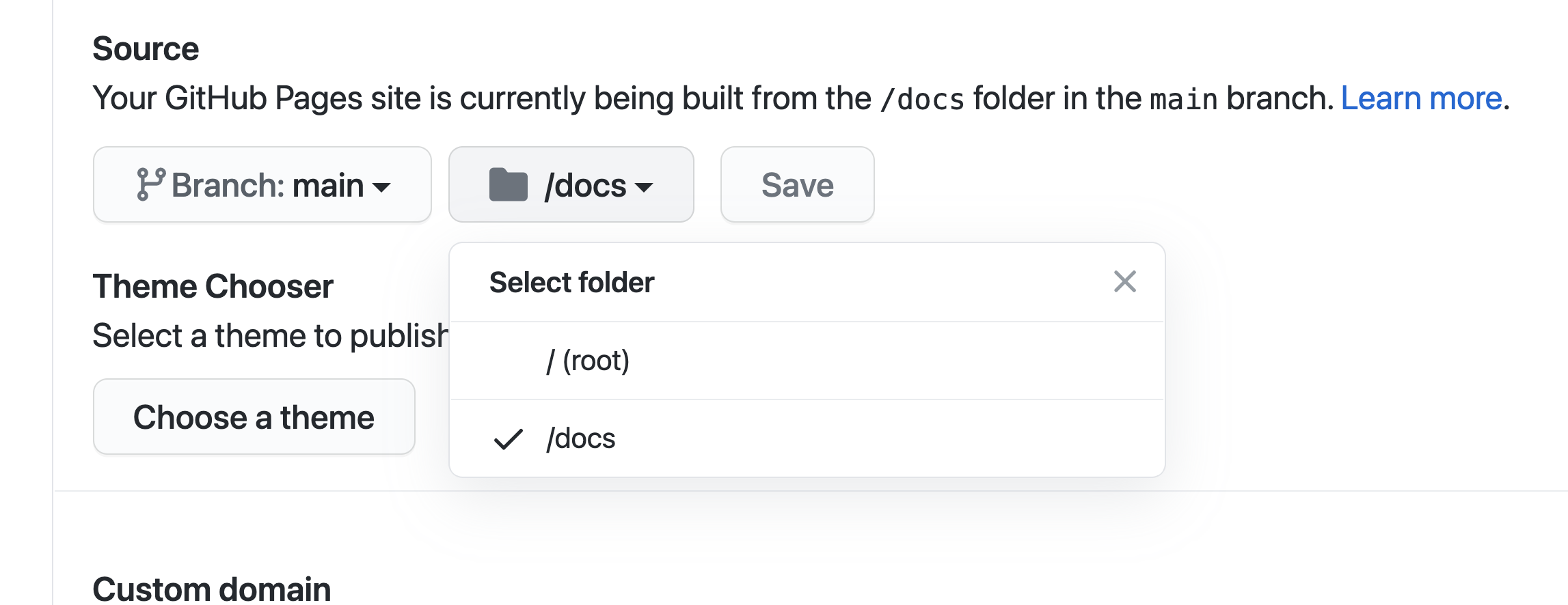GitHub Pages Settings, set to read from the docs directory on the main branch