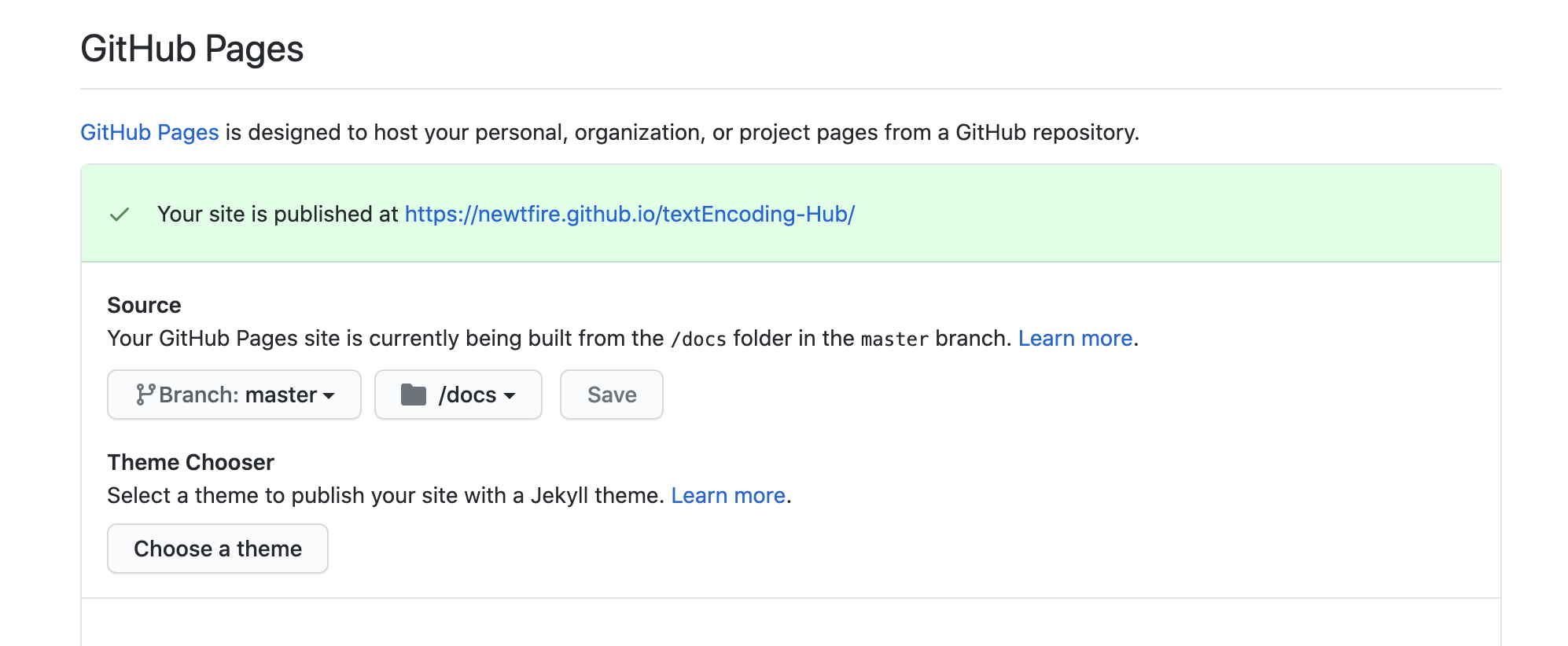 GitHub Pages Settings, set to read from the docs directory on the master branch